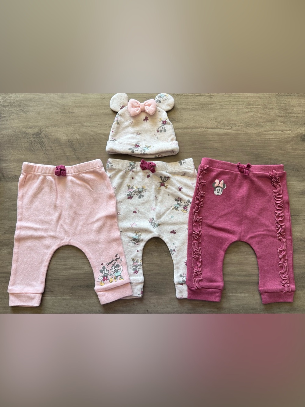 Baby Girls Pink & Cream Minnie Mouse 3-Piece Pants and Hat Set
